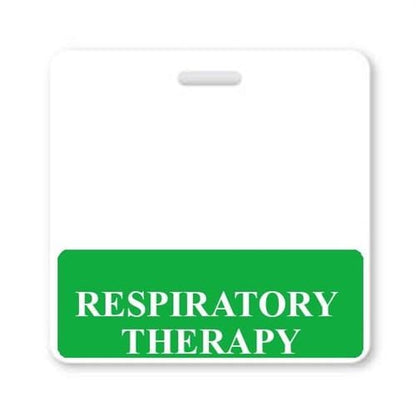 A white badge with a green section at the bottom displaying "Respiratory Therapy" in white text, serving as a RESPIRATORY THERAPY Horizontal Badge Buddy with GREEN Border for clear role recognition.