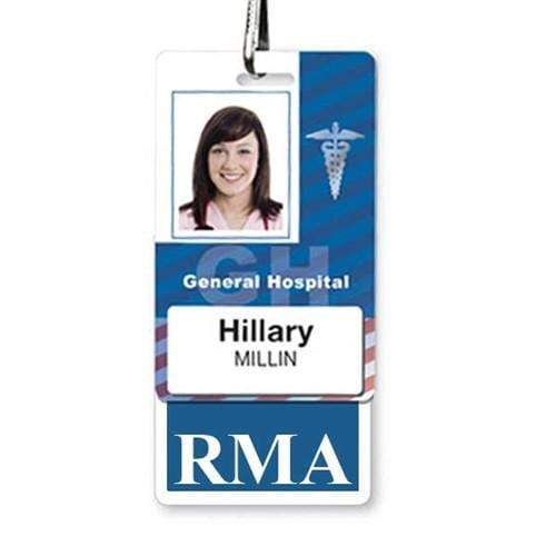 A hospital ID badge with a photo of a woman and the text “General Hospital” and “Hillary Millin.” The badge also displays the acronym "RMA," often used by registered medical assistants, secured in an RMA Vertical Badge Buddy with Blue Border.