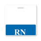 A square hospital badge with the letters "RN" in white on a blue background at the bottom. The top part of the RN Badge Buddy Horizontal Badge Buddies for Registered Nurses (Standard Size) is white with a slot for attachment.