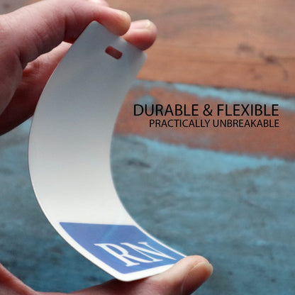 Hand holding a flexible white card near a caption that reads "Durable & Flexible, Practically Unbreakable," perfect for key personnel like RN Badge Buddy Vertical Hospital ID Badge Backer Card for Registered Nurses - Standard Size.