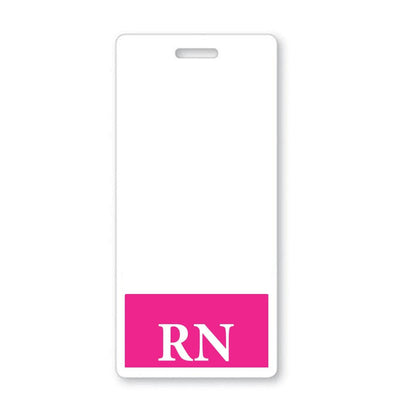 A white hospital ID badge with a pink rectangular section at the bottom, containing the letters "RN" in white—a perfect RN Badge Buddy Vertical Hospital ID Badge Backer Card for Registered Nurses - Standard Size for key personnel.
