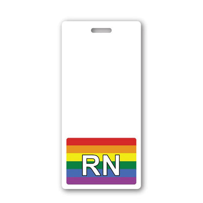 A white hospital ID badge with a rainbow stripe at the bottom, featuring the letters "RN" in the center of the stripe, making it a perfect RN Badge Buddy Vertical Hospital ID Badge Backer Card for Registered Nurses - Standard Size for key personnel.