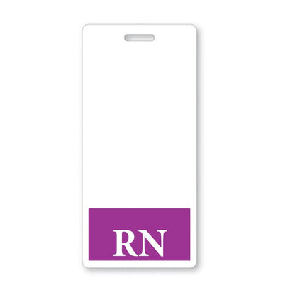 A white badge with a purple section at the bottom displaying the letters "RN," serves as an essential RN Badge Buddy Vertical Hospital ID Badge Backer Card for Registered Nurses - Standard Size for key personnel in a hospital setting.