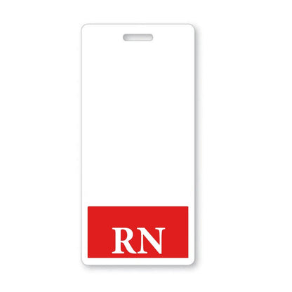 A white badge with a red bottom section containing the letters "RN" in white font, perfect for hospital ID use and key personnel identification, often referred to as the RN Badge Buddy Vertical Hospital ID Badge Backer Card for Registered Nurses - Standard Size.