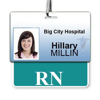 ID badge with a photo of a person, labeled "Big City Hospital, Hillary Millin," and an RN Badge Buddy Horizontal Badge Buddies for Registered Nurses (Standard Size) designation.