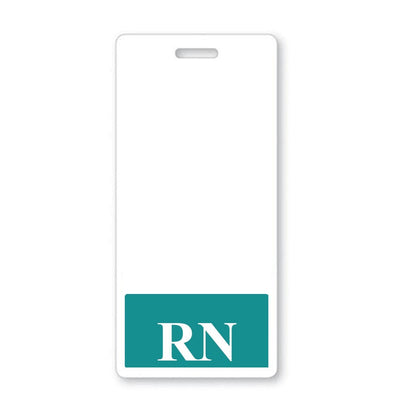 A white badge with a green rectangular section at the bottom displays the letters "RN," indicating key personnel and serving as an RN Badge Buddy Vertical Hospital ID Badge Backer Card for Registered Nurses - Standard Size in the hospital ID system.