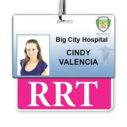 An ID badge for Big City Hospital with a photo of a woman and the name "Cindy Valencia," featuring highest quality synthetic paper and a tag below with the letters "RRT," serving as an "RRT" Horizontal Badge Buddy.
