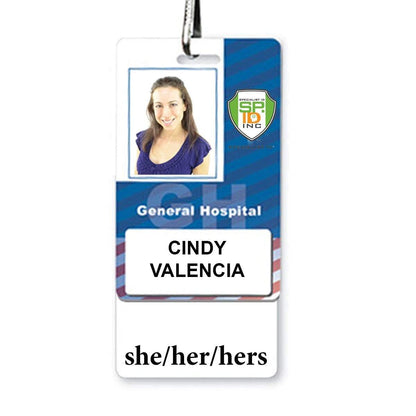 ID badge for General Hospital with a photo of a person at the top. The name on the badge is Cindy Valencia, and the preferred pronouns listed are she/her/hers. This She/Her/Hers Vertical Pronouns Badge Buddy with White Border promotes diversity inclusion by clearly displaying important personal details.