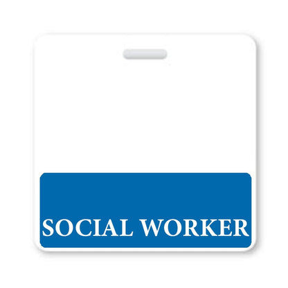 A white SOCIAL WORKER Horizontal Badge Buddy with Blue Border that has the words "SOCIAL WORKER" written in white text. Sold by Specialist ID.