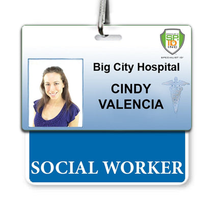 An ID badge for Big City Hospital with a photo of a woman and the name "Cindy Valencia." Below, a blue label reads "SOCIAL WORKER," paired with a SOCIAL WORKER Horizontal Badge Buddy with Blue Border for easy identification.