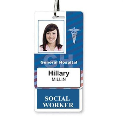 An ID badge for General Hospital featuring a headshot, the name "Hillary Millin," and the title "Social Worker." This SOCIAL WORKER Vertical Badge Buddy with Blue Border ensures easy identification and professional display.