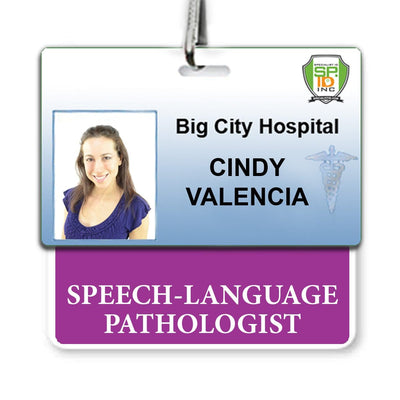 Speech Language Pathologist Badge Buddy - Horizontal Hospital ID Role Identifier (Purple Border)