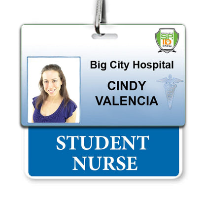 ID badge with a blue border features a photo of a woman labeled "Cindy Valencia," indicating she is a student nurse at Big City Hospital. Sold by Specialist ID.