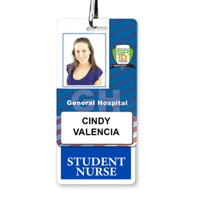 Identification badge for Cindy Valencia, a student nurse at General Hospital. The badge features Cindy's photo, the hospital's logo, and includes a STUDENT NURSE Vertical Badge Buddy with Color Border.