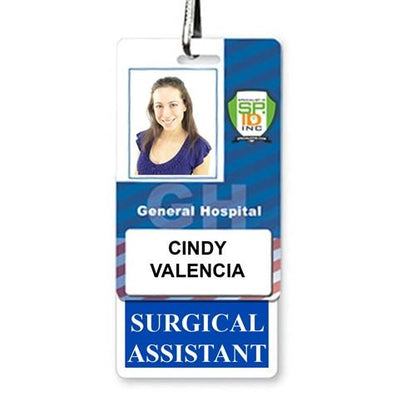 A "SURGICAL ASSISTANT" Vertical Badge Buddy with Blue border showcasing an ID badge with a photo of a woman, indicating her name as Cindy Valencia and her position as a Surgical Assistant at General Hospital.