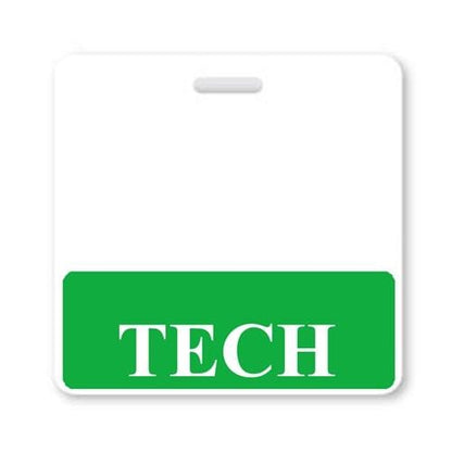 A white badge with a slot at the top and a green section at the bottom featuring the word "TECH" in white, all in capital letters, designed as a TECH Horizontal Badge Buddy with GREEN Border for role recognition among hospital technicians.