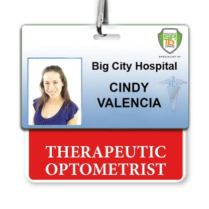 Therapeutic Optometrist" Horizontal Badge Buddy with Red Border for "Cindy Valencia," a therapeutic optometrist at Big City Hospital, featuring her photo and title, with a red border adding a touch of professionalism.