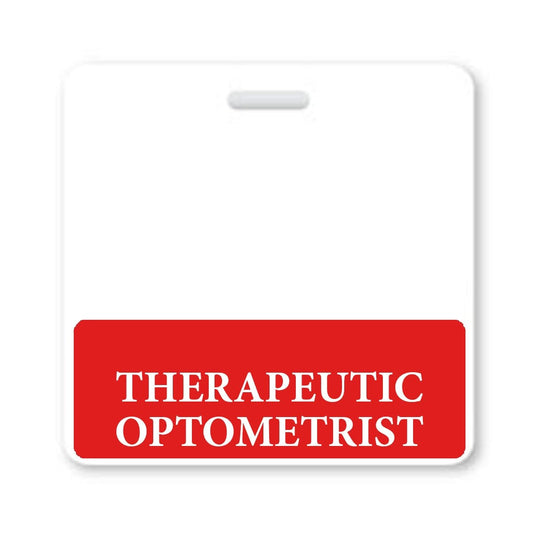 A "Therapeutic Optometrist" Horizontal Badge Buddy with Red Border features a red section at the bottom displaying "THERAPEUTIC OPTOMETRIST" in bold white capital letters. Sold by Specialist ID.