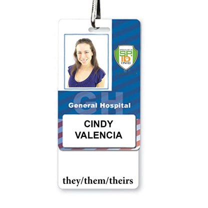 They/Them/Theirs Vertical Pronouns Badge Buddy with White Border for General Hospital featuring a photo of a person with long hair, identified as Cindy Valencia, pronouns they/them/theirs. An additional logo is displayed on the top right, emphasizing diversity and inclusion.