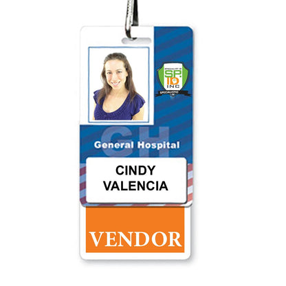 A **VENDOR Vertical Badge Buddy with Orange Border** for "Cindy Valencia," labeled "Vendor," with a headshot photo, a badge clip at the top, and an orange border for instant role recognition.