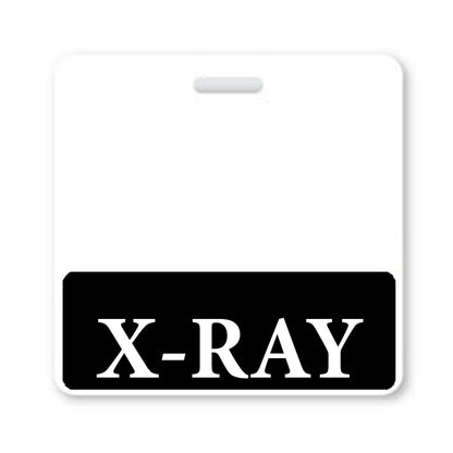 A square badge with a black bottom section displaying the text "X-RAY" in white capital letters, ideal as an X-RAY Horizontal Badge Buddy with BLACK Border. Sold by Specialist ID.