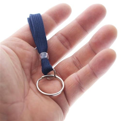 A hand holds a Premium Key Ring Lanyard with Breakaway Clasp - 3/8 Inch Wide Lanyard with Split Ring Keychain (BL-34R). Sold by Specialist ID.