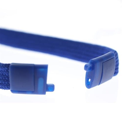 Close-up of a Premium Key Ring Lanyard with Breakaway Clasp - 3/8 Inch Wide Lanyard with Split Ring Keychain (BL-34R) in blue fabric strap with plastic connector ends and a safety breakaway clasp, likely used for securing or fastening items.