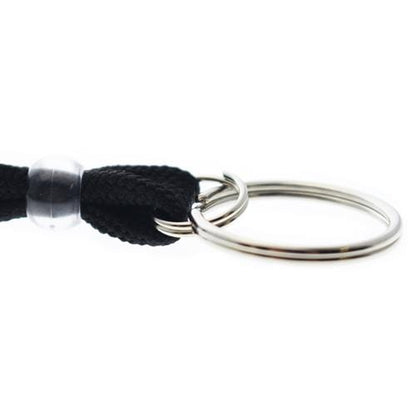 Close-up of a Premium Key Ring Lanyard with Breakaway Clasp - 3/8 Inch Wide Lanyard with Split Ring Keychain (BL-34R) featuring a black woven strap, a silver split ring, and a clear plastic bead, attached to a safety breakaway clasp for added security.