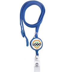 Custom Breakaway Lanyard ID Holder Badge Reel Combo featuring the text “Your Logo Here,” perfect for enhancing brand awareness. The badge holder is attached via a clear plastic strap with a metal button, ensuring a professional image.