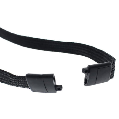Close-up image of a black strap with two plastic connectors at each end, featuring a breakaway clasp, designed for securing or attaching items. Kids Safe Double Ended Lanyards with Safety Breakaway Clasp and Two Hook Endings - Short Length for Children.