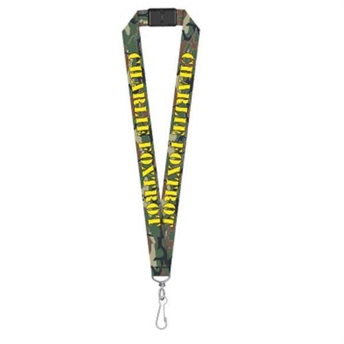 A Charlie Foxtrot Camouflage Breakaway Military Lanyard with "CHARLIE FOXTROT" written in yellow. It has a black buckle, a breakaway feature for safety, and a silver clip at the end.