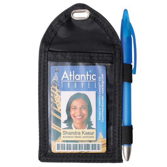 A Vinyl Slotted 2 Pocket Black Credential Wallet with Pen Holder (CW-2-BLK) holds a travel ID card displaying the name Shandra Kasur and her title "Business Travel Associate." A blue pen is conveniently attached to the side of the holder.