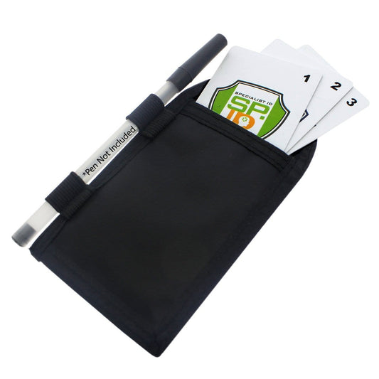 Vinyl Slotted 2 Pocket Black Credential Wallet with Pen Holder (CW-2-BLK) holding numbered cards and a pen sleeve on the side. A note on the pen reads "Pen Not Included.