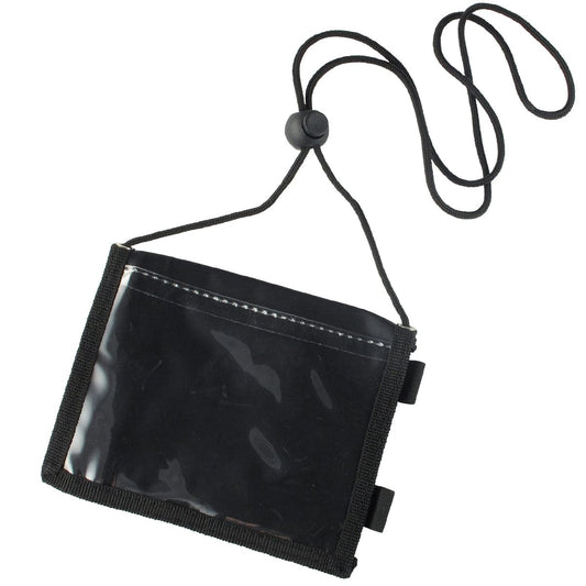 A Vinyl Credential Neck Wallet with Pen Loop (CW-5-BLK) made from black nylon, featuring a clear plastic front pocket and an adjustable lanyard, is displayed against a white background.