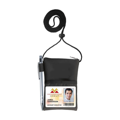 A black Vinyl Credential Neck Wallet with Adjustable Lanyard and Top Zipper Pouch (CW-6-BLK) featuring an adjustable lanyard and a pen attached. The badge holder displays an ID card with a photo and the following text: "MANAGEMENT GROUP, JAMES SANDERSON, ACCOUNT EXECUTIVE." It also includes a convenient zipper pouch for extra storage.