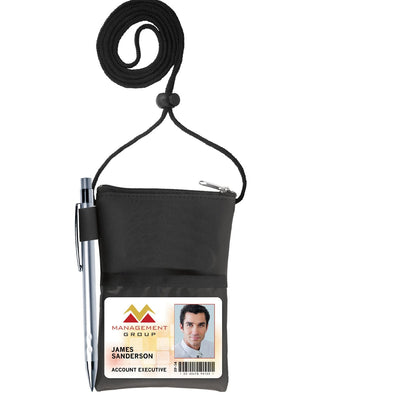 Vinyl Credential Neck Wallet with Adjustable Lanyard and Top Zipper Pouch (CW-6-BLK)