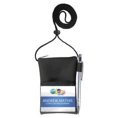 A Vinyl Credential Neck Wallet with Adjustable Lanyard and Top Zipper Pouch (CW-6-BLK) holds a name tag that reads "Andrew Mathis, Computer Programmer," along with a blue pen attached to the side in its zipper pouch.