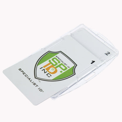 A Crystal Clear Rigid Open-Faced 2 Card Holder - Optional Vertical or Horizontal (P/N SPID-150) with a card inside displaying the "Specialist ID, Inc" logo in green, orange, and white.