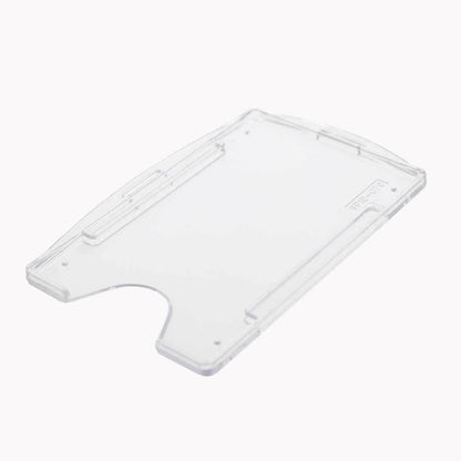 Crystal Clear Rigid Open-Faced 2 Card Holder - Optional Vertical or Horizontal (P/N SPID-150) featuring a notch on one side and slots for attachment. Can securely hold up to 2 cards.