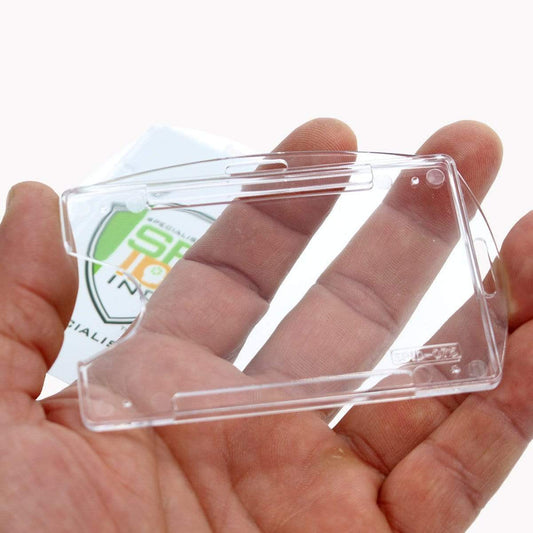 Hand holding SPID-075 clear rigid single-card badge holder