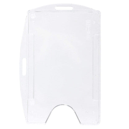 A Crystal Clear Rigid Open-Faced Single ID Card Holder (P/N SPID-075) made from durable polycarbonate material, featuring an adaptable slot for a lanyard and a thumb notch at the bottom for easy access to the card.