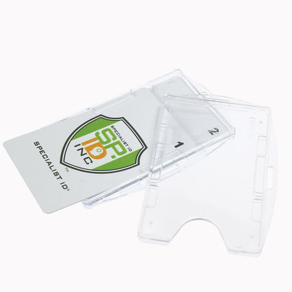 A Crystal Clear Rigid Open-Faced 2 Card Holder - Optional Vertical or Horizontal (P/N SPID-150) and an ID card with a green and yellow "Specialist ID" logo are displayed against a white background.