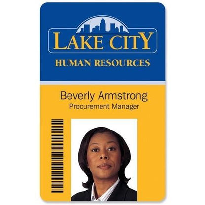 Identification card for Lake City Human Resources featuring Beverly Armstrong, Procurement Manager, with her photograph and a barcode, produced by a professional Custom Printed Photo ID Badge service using a centralized database and production facility.