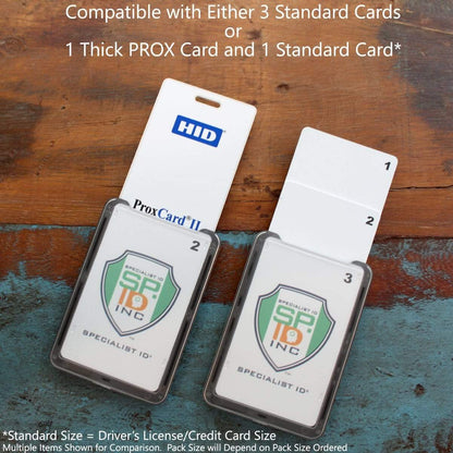 Two Three Card Vertical ID Badge Holder B-Holders (Holds up to 3 ID Badges) are displayed on a wooden surface, showcasing compatibility with three standard cards or one thick PROX card and one standard card. Each vertical card holder features a clear front, accommodating credit card-sized IDs.