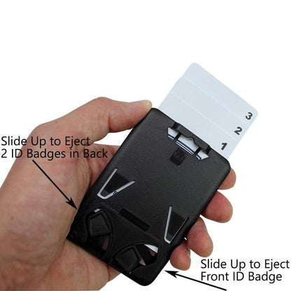 A hand is holding a sleek, black Three Card Vertical ID Badge Holder B-Holder (Holds up to 3 ID Badges) containing three white ID cards labeled 1, 2, and 3. Black arrows and text indicate where to slide to eject either the clear front ID badge or the two ID badges in the back.