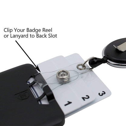 Close-up of a black Three Card Vertical ID Badge Holder B-Holder (Holds up to 3 ID Badges) with a belt clip, holding three numbered cards labeled 1, 2, and 3. Text reads "Clip Your Badge Reel or Lanyard to Back Slot." The vertical card holder features a clear front for easy visibility.