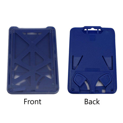 Three Card Vertical ID Badge Holder B-Holder (Holds up to 3 ID Badges) showing front and back views, with the front featuring a clear pattern of diagonal supports and the back having attachment points with a clip. Text labels indicate "Front" and "Back." Perfect as an ID badge holder.