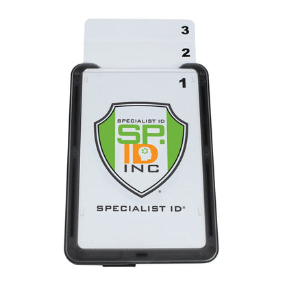 A Three Card Vertical ID Badge Holder B-Holder (Holds up to 3 ID Badges) with three numbered badge inserts, featuring the Specialist ID Inc. logo in green and orange on the clear front.
