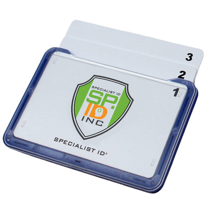 Blue 3 Card Horizontal ID Badge Holder B-Holder with Specialist ID Inc logo and a shield icon, designed as a rigid card holder for multiple cards. It holds three white, numbered cards labeled "1," "2," and "3.