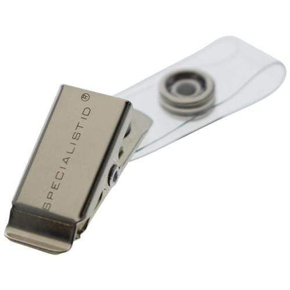 A Clothing Friendly ID Badge Clip with Smooth Bulldog Clip and Vinyl Strap labeled "SPECIALIST ID" with a clear vinyl strap, snap button, and smooth bulldog clip. Sold by Specialist ID.